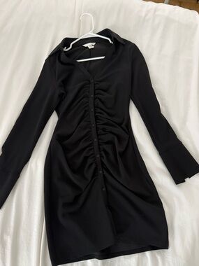 H&M Black Long-Sleeve Ruched Button-Front Dress